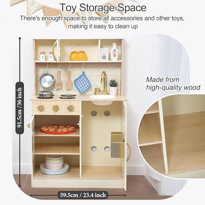 Wooden Play Kitchen for Kids with Ice Maker & 17 Accessories, Toddler Toy Kitchen with Sink, Oven, Stovetop, Microwave, Educational Kitchen Playset Gift for Toddlers Boys Girls Ages 3 to 8