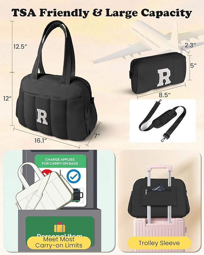 Christmas Gifts for Women-Duffle Bag with Initial, Gifts for Teenagers-Personal Item Travel Bags，Gym Bag with Wet Pocket，Lightweight Travel Bags Personalized Tote with Makeup Pouch