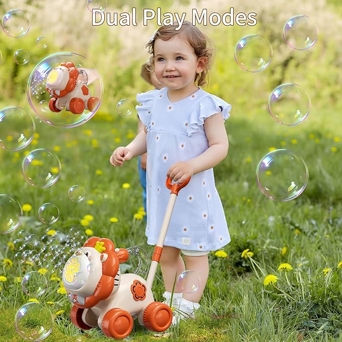 Lion Bubble Lawn Mower for Toddlers, Automatic Bubble Machine Maker for Kids, Summer Outdoor Yard Garden Activity Push Toys, Birthday Gift for Boys Girls 3 4 5 Year Old