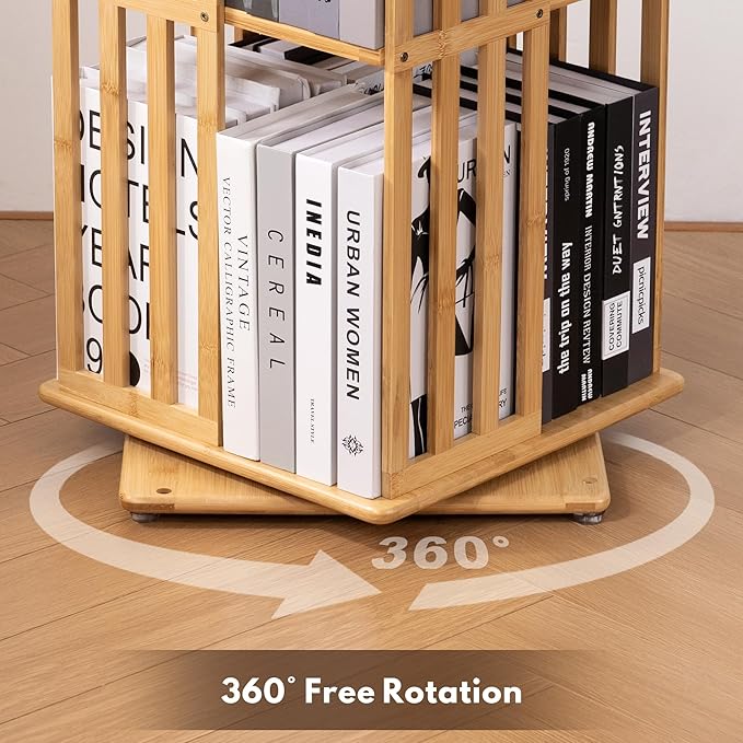 YOWOS Rotating Bookshelf Tower, 360 Display Spinning Bookcase, Bamboo Bookshelf Floor Standing Storage Rack, Wood Narrow Book Shelf Organizer for Kids&Adults(Nature, 6 Tier)