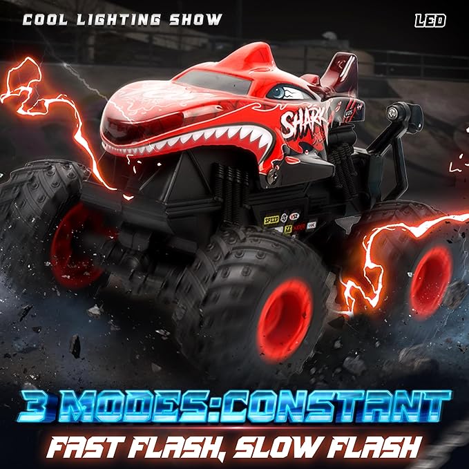 BEZGAR Monster Truck Toys - Remote Control Monster Truck with Light & Music, Dinosaur Toys for Kids, 1:20 Scale RC Truck with 360° Spins and Drifting, Remote Control Car for Boys 4-7 Red