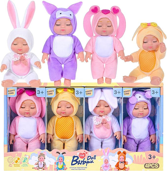 4 Pcs 7 Inch Baby Dolls with Adorable Animal-Themed Outfits - Cute PVC Infant Figurines Set in Yellow Chick, White Bunny, Pink Bunny & Purple Koala Costumes - Gift for Girls 3+