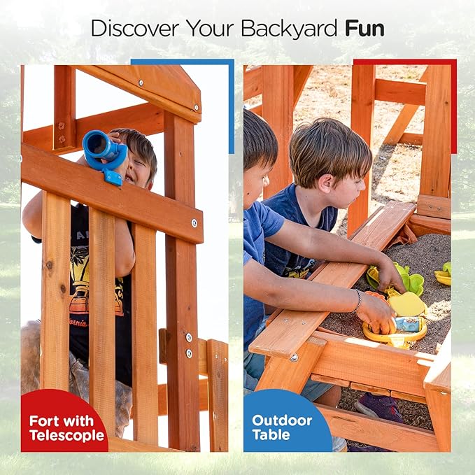 Dolphin Playground Wooden Swing Sets for Backyard with Monkey Bar, Outdoor Playset for Kids with 2 in 1 Outdoor Table, Wave Slide, Climbing Wall, and 2 Belt Swings, Heavy Duty Playground Accessories