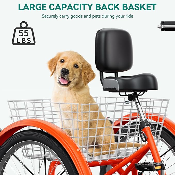 YITAHOME 24 & 26 Inch Adult Tricycle, 1 & 7 Speed 3 Wheel Bikes, Large Seat with Backrest Trike for Adults with Front & Rear Baskets, Cruiser Bike for Seniors Women Men Commute Picnic Outdoor