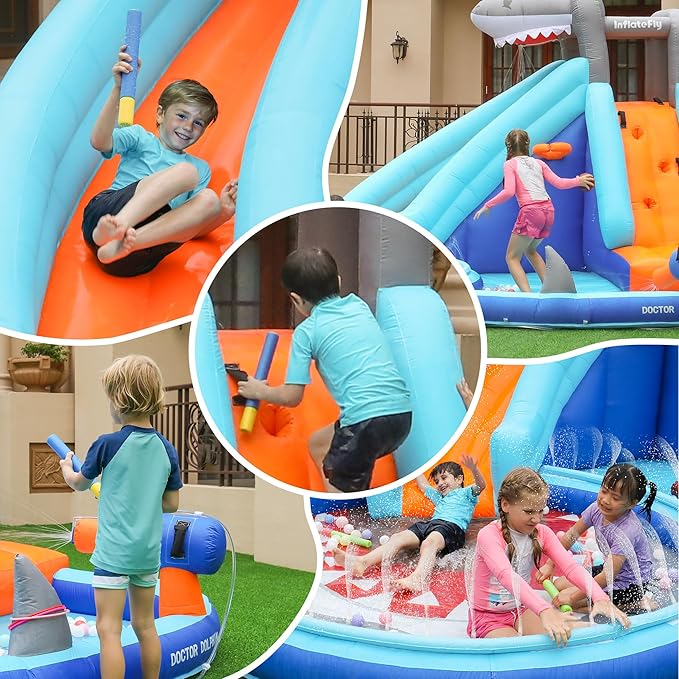 INFLATEBLE Waterslide Bounce House, Shark Blow-up Bouncer Toddlers Water Park Kids Bouncy Castle for Wet and Dry