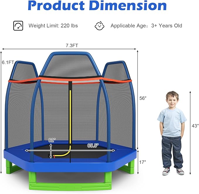GYMAX Trampoline for Kids, 7FT Toddler Trampoline with Safety Enclosure Net & Seamless Spring Pad, Heavy Duty Small Indoor/Outdoor Trampoline for Boys, Girls Age 3+
