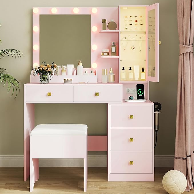 Vanity Desk with Mirror and Lights,Makeup Table with Charging Station & RGB Storage Cabinet,Large Drawer & Storage Shelves,5 Drawer,Bedroom Dressing Table, Pink
