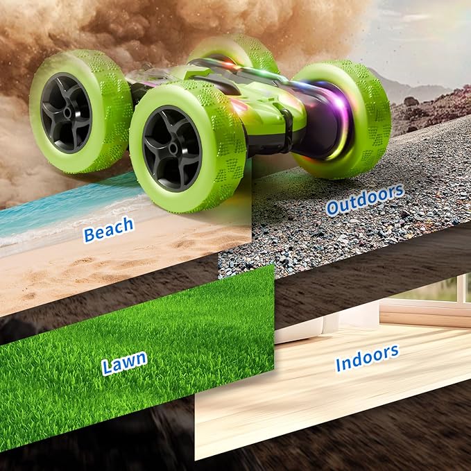 Remote Control Car – 4WD 360° Flip Double‑Sided RC Stunt Car LED Light Bar & USB‑C Modular Battery, Off‑Road Toys for Boys Ages 6‑12, Birthday Gift, Black‑Green
