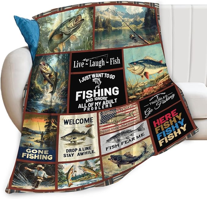 Fishing Gifts for Men, Fishing Fish Flannel Throw Blanket, Cozy Fleece Soft Stuff Blankets Gift for Dad Fisherman Couch Sofa Bed 80" x 60"