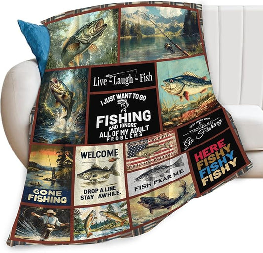 Fishing Gifts for Men, Fishing Fish Flannel Throw Blanket, Cozy Fleece Soft Stuff Blankets Gift for Dad Fisherman Couch Sofa Bed 80" x 60"