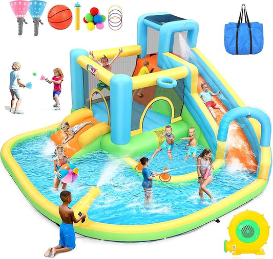 Whubefy 12.8x12ft Inflatable Bounce House for Big Kids, 13 in 1 Bouncy House Jump Castle for Kids 3-6 Indoor Outdoor Wet Dry Water Bounce House Double Slide with Pool, Ball Pit, Ring Toss Cones,5 Toys