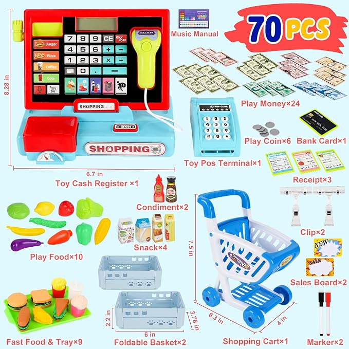 70Pcs Toy Cash Register for Kids Ages 4-8 with Scanner & Shopping Cart, Pretend Play Cash Register Playset for Girls Boys Toddler Grocery Store Set Christmas Girls for 3+ 4 5 6 7 8 Year Old