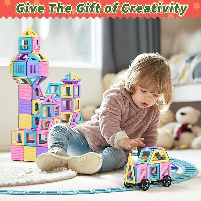 Rurvale 100Pcs Magnetic Tiles, Magnet Blocks for 3 4 5 6 7 8 Year Old Boys Girls, Learning Educational STEM Toys for Toddlers 3-5, 4-8, Building Blocks for Kids Ages 3+ Birthday Gifts