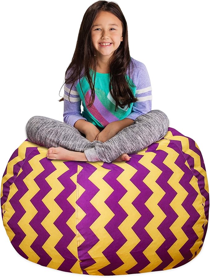 Posh Creations Stuffable Kids Stuffed Animal Storage Bean Bag Chair Cover - Childrens Toy Organizer, Large 38" - Pattern Chevron Purple and Yellow