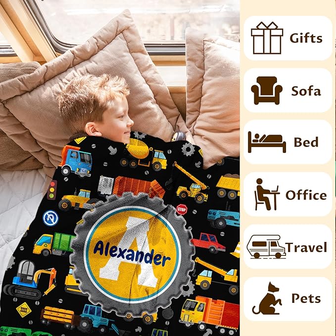 Custom Kids Blanket for Boys 6-8, Truck Gifts for Son Personalized Name 4 Sizes Initial Construction Themed Stuff Throw Soft Plush Cool Accessories Blankets for Sofa Chair Bed Room