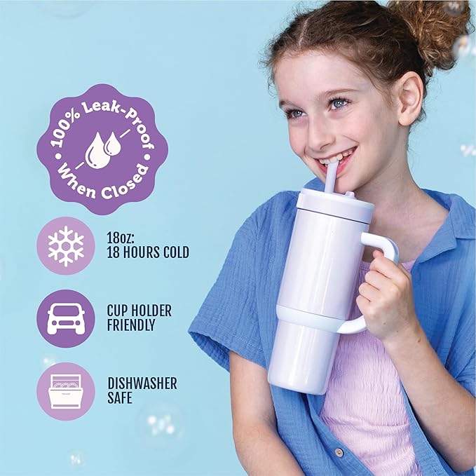 Ello Oasis 18oz Stainless Steel Kids Tumbler with Handle & Retracting Straw, 100% Leakproof, Double-Wall Vacuum Insulated, Kids Water Bottle for School, BPA Free, Dishwasher Safe, Purple Holographic