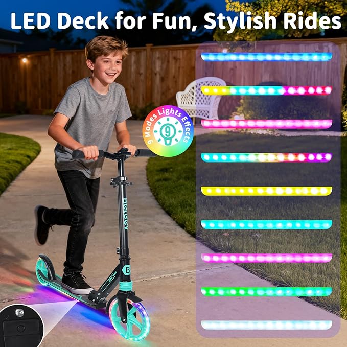 BELEEV V5 Plus Scooters for Kids Ages 6+, Teens with Light-Up Wheels & Deck, 2 Wheel Folding Lightweight Sport Scooter with 4 Adjustable Height, 8-inch Big Wheels, Carry Strap, Max Load 220 lbs