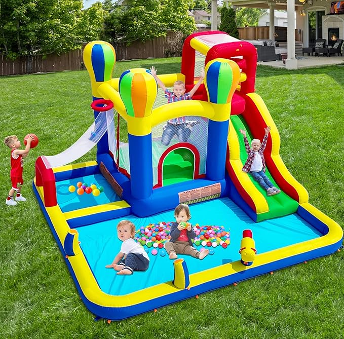 Baralir Inflatable Bounce House with Water Slide – Backyard Inflatable Water Park with 4 Sprinklers, 2 Splash Pools, Fits 5 Kids, Perfect for Summer Fun & Cooling Down