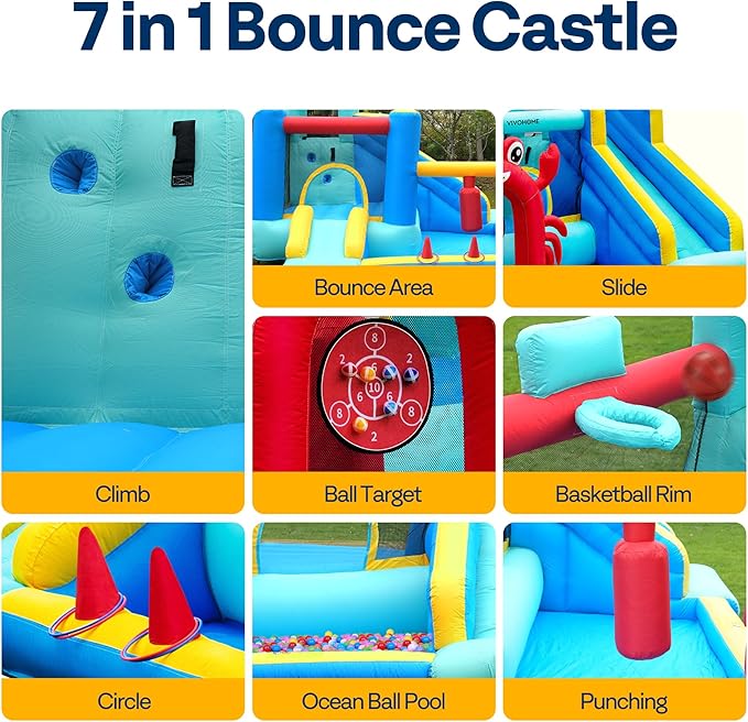 VIVOHOME 7 in 1 Bounce House for Kids, Sea Theme Inflatable Bouncy Castle with Slide, 12x10 FT Inflated Bouncer for Outdoor with Blower, Basketball, Climb, Jump Area, Ball, Water Pool, Hoop