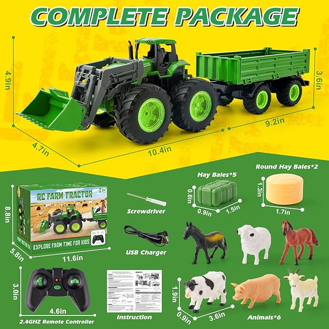 Remote Control Tractor Toy, Kids RC Tractor Set with Truck & Trailer and Light/Loading/8 Wheel, 2.4 Ghz RC Farm Vehicle Toys, Animal Farm Kids Toy for 3 4 5 6 7 8 9 Year Old Boys Girls Birthday Gift