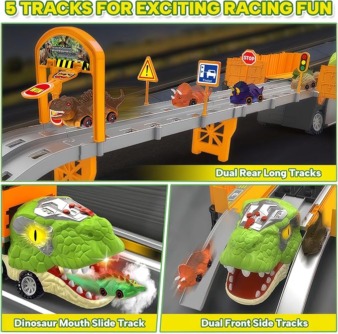 Dinosaur Carrier Truck Race Track Toys for Kids 3-5, Large Toy Cars Track Set with 8 Small Dinosaur Cars, T-Rex Transport Carrier, Christmas Birthday Gifts for 3 4 5 6 7 Year Old Toddler Boys Girls