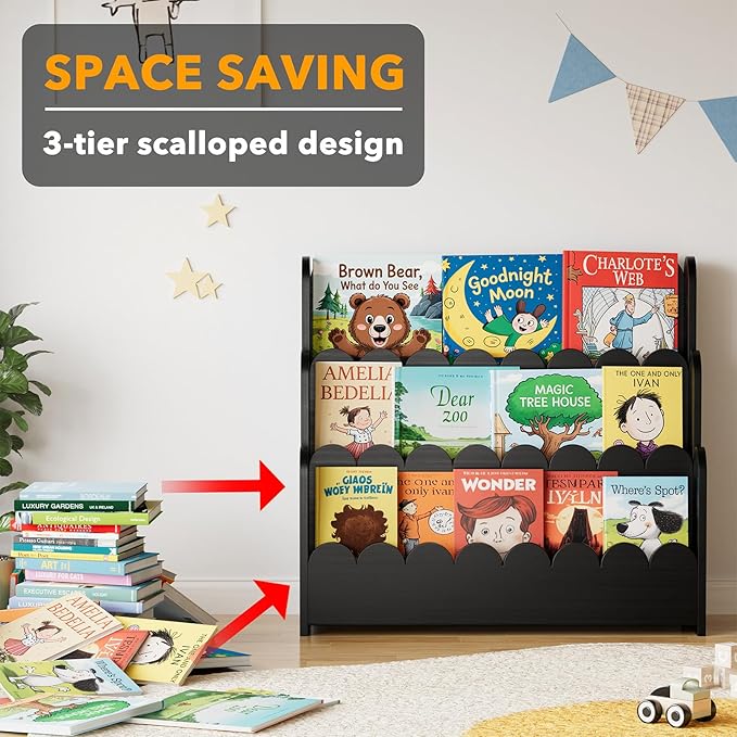 SpaceAid 3-Tier Scalloped Bookshelf, Montessori Bookcase for Toddlers, Wooden Book Shelf Organizer Display Furniture for Kids Rooms, Playroom, Nursery and Classroom, Black