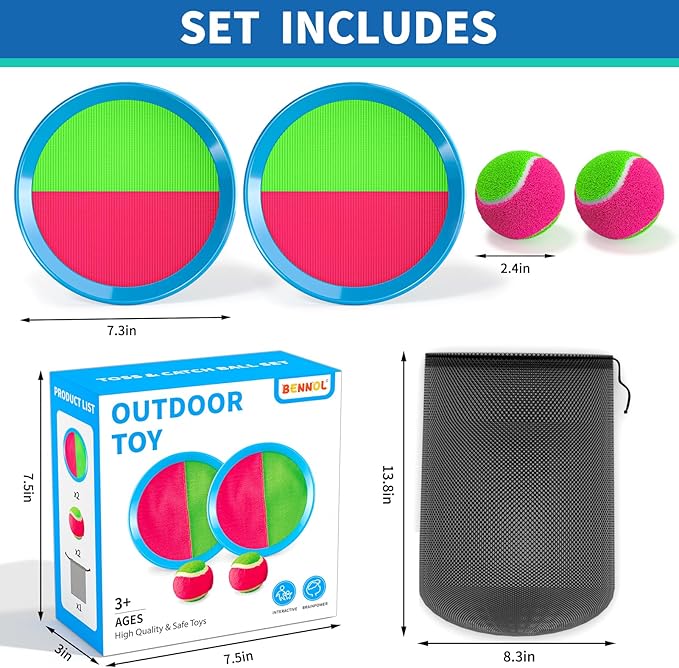 Bennol Toss and Catch Ball Game Outdoor Toys for Kids with 2 Paddle, 2 Balls and A Storage Bag,Outdoor Outside Games for Kids Ages 3 4 5 6 7 8 9 10, Yard Backyard Beach Outside Games