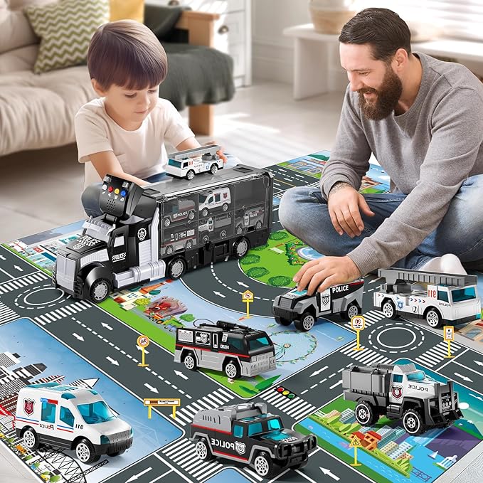 Police Trucks Toy Set with Play Mat, Carrier Truck Play Vehicles Set for 3 4 5 6 Years Old Boys Kids, Die-Cast Car Toy for Toddlers 3-4 Years, Birthday Gifts Toys for 3-9 Year Old Boys