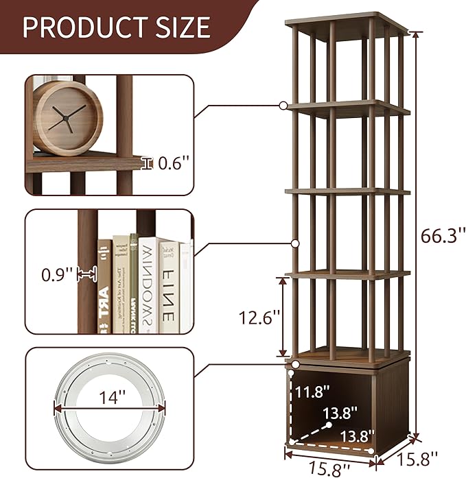 IOTXY 5-Tier Rotating Bookshelf Tower - Beech Wood Frame Spinning Bookcase with Storage Base, Tall Freestanding Revolving Shelf Organizer, Walnut