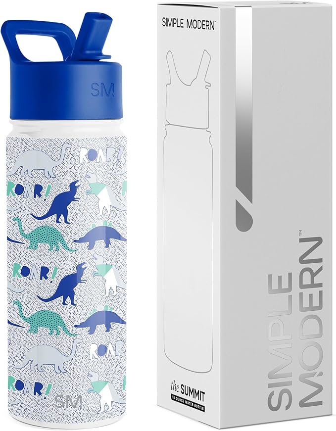 Simple Modern Kids Summit Water Bottle with Straw Lid | 18oz Stainless Steel Cup Insulated Tumbler for Toddlers, School | Dinosaur Roar