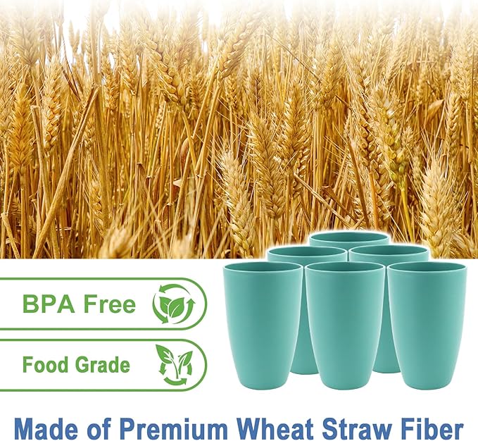 Wheat Straw Cup 20 OZ Large Drinking Glasses | Set of 6 Alternatives to Plastic Cups Reusable Unbreakable Drinking Cup Microwave and Dishwasher Safe Cups | Kitchen Water Glasses - Gree
