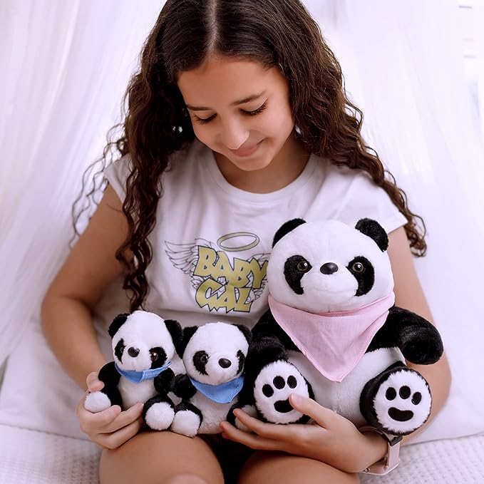 Perfectto Design Panda Stuffed Animal Bear Plush Toy for Girls 5 PCS Set - Mommy, 2 Babies, Bag, Blanket stuffies 3 4 5 Year Old Girl, Little Girls Birthday, Christmas Age 3-9