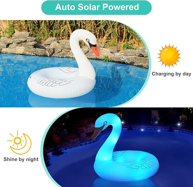 Inflatable Swan Pool Floats with Colorful Lights, FlyfreeU Solar Powered LED Color Changing Swan Swim Tube Rings, 42 Inch Large Pool Beach Floaties Lake Beach Floaty Summer Pool Raft Lounge for Adults