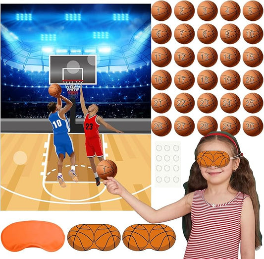 PLULON Basketball Party Game for Kids Pin The Basketball on The Hoop Game Basketball Poster with Basketball Stickers for Boys Girls Birthday Party Wall Decorations Classroom Activities