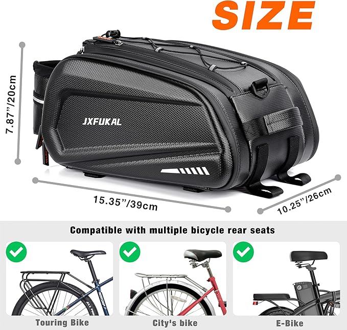 JXFUKAL Bike Bags for Bicycle Rear rack - 9.5L/17L/40L Hard Shell Waterproof Bike Ebike Trunk Pannier Saddle Seat Bag Carrier with Reflector, Rain Cover & Shoulder Strap for Commuter Travel Outdoor