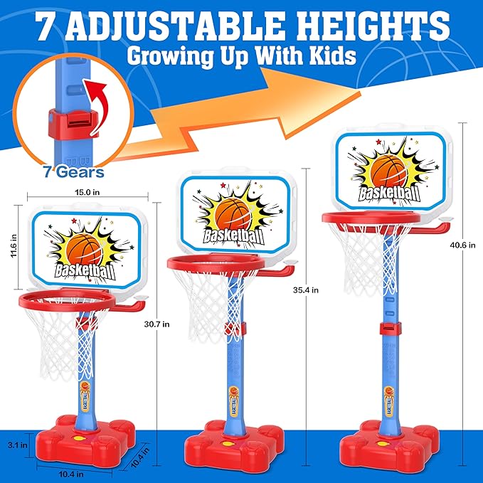 4 in 1 Toddler Basketball Hoop and T Ball Set, Toss Ring Game Kids Toys, Adjustable Height Kids Basketball Hoop Pool Toys Indoor Outdoor Sports, Gifts for Boys Girls Outdoor Toys for Toddlers 3-5 2-4