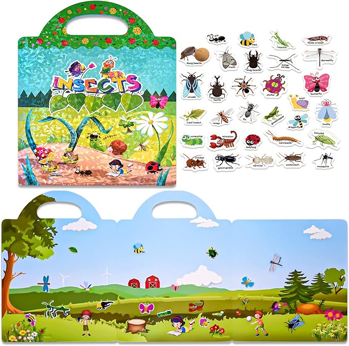 ASTARON Reusable Sticker Book for Toddlers, 88 Pcs Insect Stickers Road Trip Activities Car Airplane Activities Travel Toys for Kids, Kids Quiet Time Activities (2-6 Age)