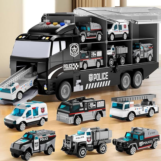 Toddler Boys Toys for 3 4 5 6 Years Old, Police Truck Vehicle Toy Set with Play Mat and Die-Cast Toy Car, Transport Carrier Truck for Kids, Birthday Gifts Toys for 3 4 5 6 7 8+ Year Old Boys