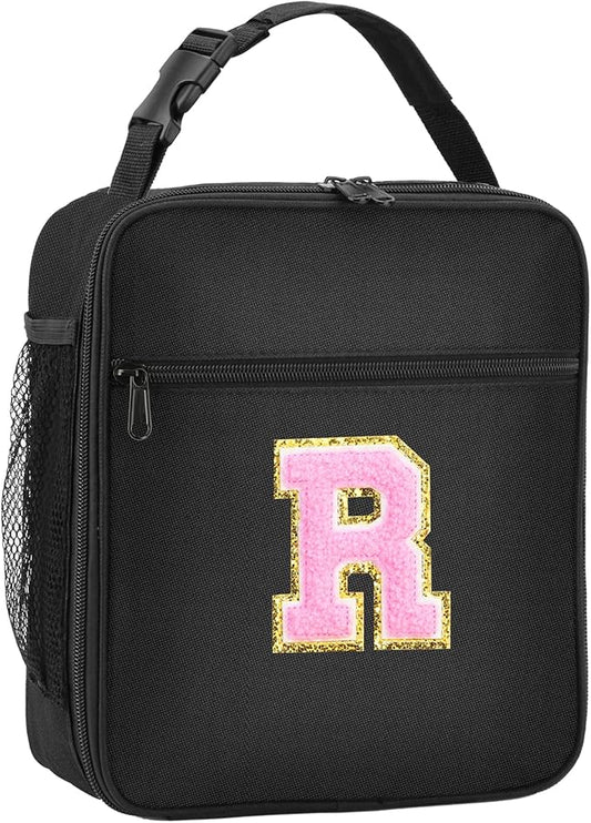 Initial Insulated Lunch Bag, Lunch Box with Initial Letter Patch for Teen Adult, Reusable Lunch Bag for Men Women, Ideal Back to School Gift Birthday Gift, Pink R