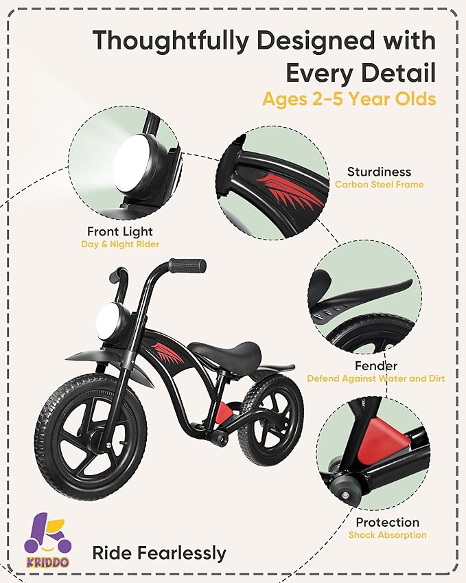 KRIDDO Kids Balance Bike for 2-5 Years, with Front Light, Upgraded Tires for All Terrain, Upgraded Bearing for Smooth and Stable Riding, Front and Rear Fenders, Adjustable Seat