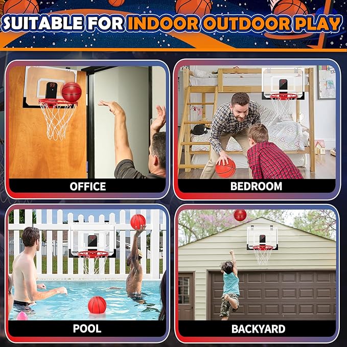 Mini Basketball Hoop Set for Kids Adults, Indoor Play Wall Mount Basketball Hoop for Door with 4 Small Replacement Toddler Basketballs, ABS Backboard Metal Rim Goal Sport Gifts for Pool Game Fun