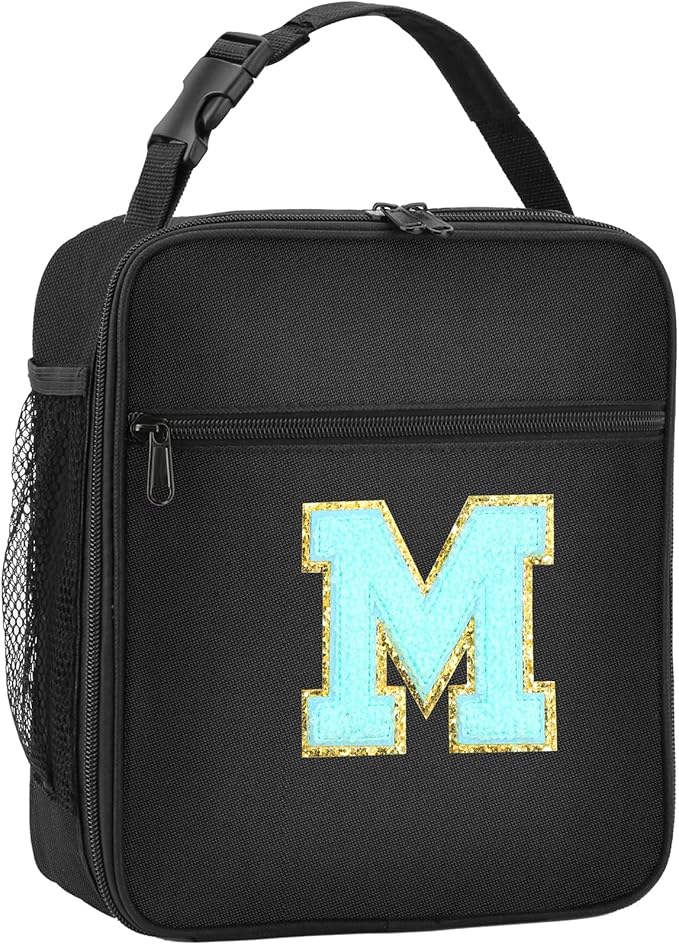 Initial Insulated Lunch Bag, Lunch Box with Initial Letter Patch for Teen Adult, Reusable Lunch Bag for Men Women, Ideal Back to School Gift Birthday Gift, Blue M