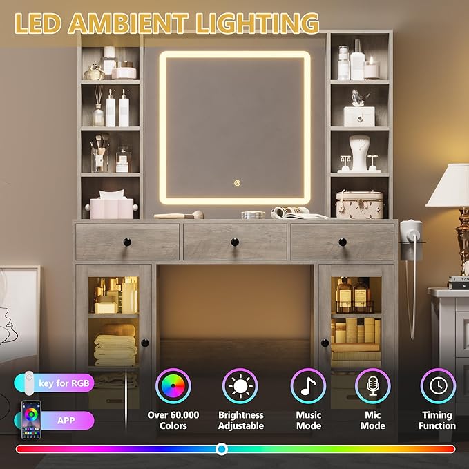 Vanity Desk with Mirror and Lights, White Makeup Vanity with Glass Top & Drawers, 3 Lighting Modes, Power Outlet, RGB Glass Cabinets, Modern Dressing Table for Girls, Women, Teens