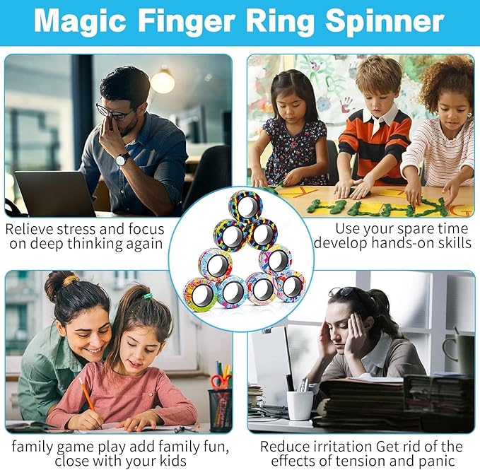 12Pcs Magnetic Rings Fidget Toys Spinner Set Christmas Party Favors,Finger Magnet Rings Endless Hours of Fun ADHD Stress Relief Fidget Spinner for Relieve Anxiety Birthday for Adults Teens Kids