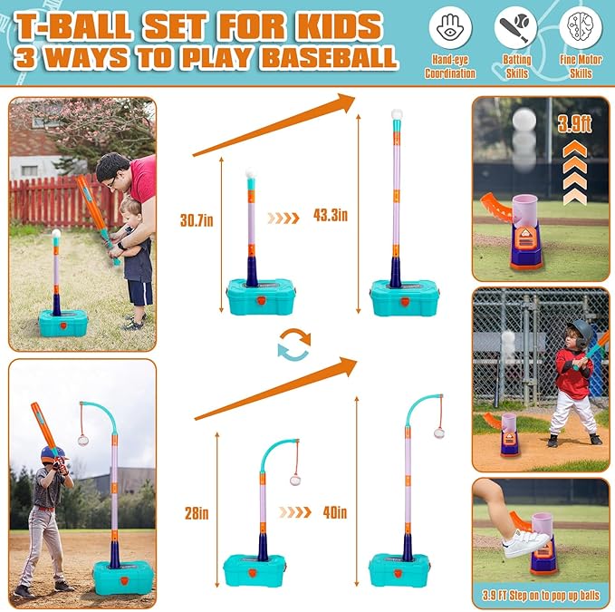 4 in 1 Toddler Basketball Hoop and T Ball Set - Adjustable Kids Basketball Goal Baseball Tee with Pitching Machine - Christmas Birthday Indoor Outdoor Sport Toy Games Gifts for Boys Girls Age 3-5