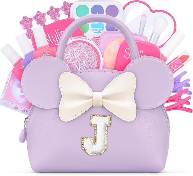 Pretend Makeup Kit for Toddlers Kids- 21Pcs Make Up Toys with Initial Toddler Purse - Birthday Gifts for 3 4 5 Years Old Girls Vanity Set Christmas Birthday Gift Purple J