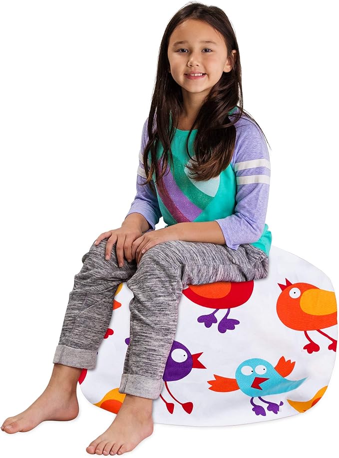 Posh Creations Stuffable Kids Stuffed Animal Storage Bean Bag Chair Cover - Childrens Toy Organizer Medium 27" - Canvas Birds on White