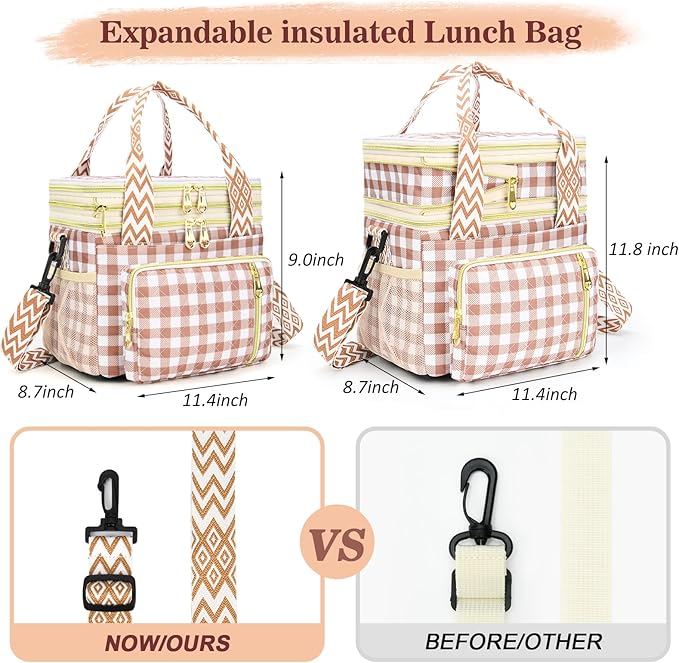 LOKASS Lunch Box for Women-16L-Insulated Lunch Bag Women, Expandable Double-layer Leakproof Cooler Bag with Upgrade Adjustable Shoulder Strap Ideal for Work/Travel/Picnics（Brown&White Check）