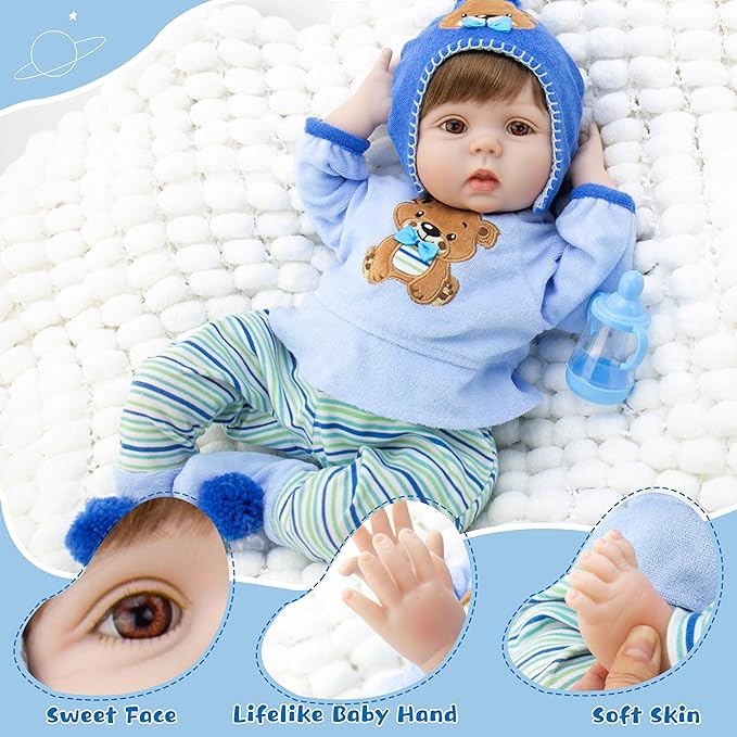 Milidool Lifelike Reborn Baby Dolls -22 Inch Realistic Newborn Soft Body Boy Baby Doll Real Life Baby Dolls with Gift Box Complete Accessories Kids Age 3+ Gifts, Pretend Play, Collection