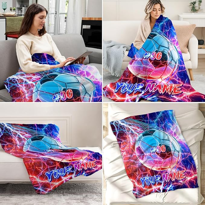 Personalized Kids Blanket Soccer Gifts for Boys 8-12 - Cozy Fuzzy Warm Sport Throws Stuff for Couch, Office & Travel